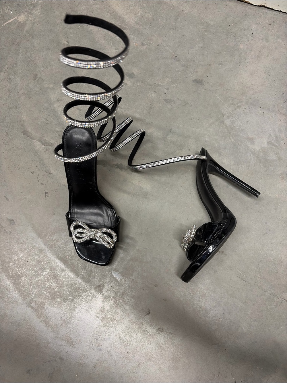 Refuge 7 wraparound snake Black Rhinestone Lace-Up‎ High Heel Sandals
